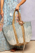 Denim Crochet Woven Tote Bag Boho Dotted Texture