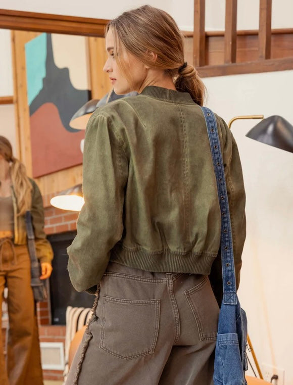 Washed Denim Bomber Jacket- Olive