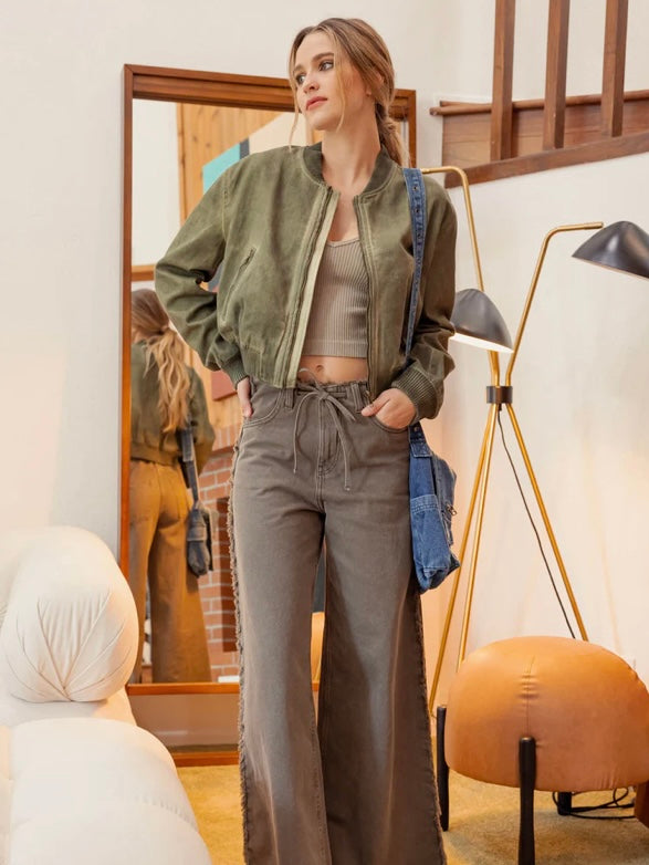 Washed Denim Bomber Jacket- Olive